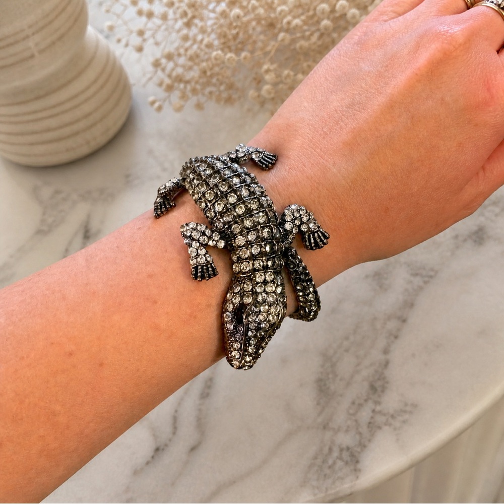 Vintage Rhinestone Alligator Cuff Bracelet | Statement Animal Bangle